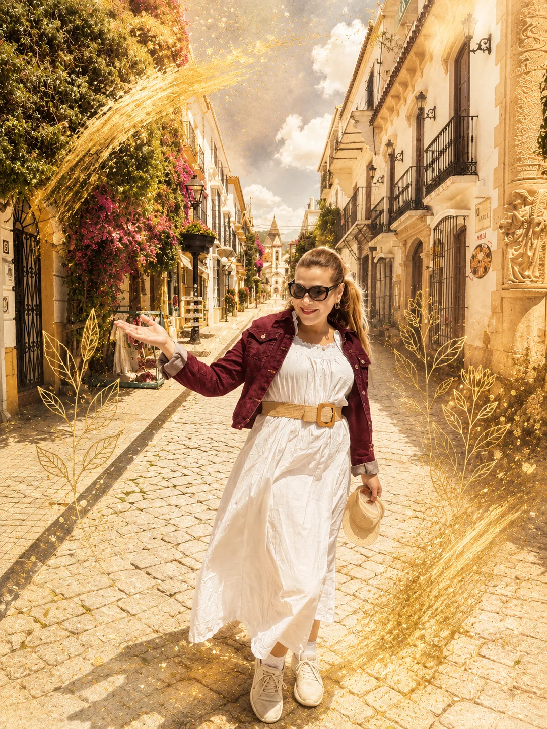 Daniela Escobar caminando en una calle historica dorada
